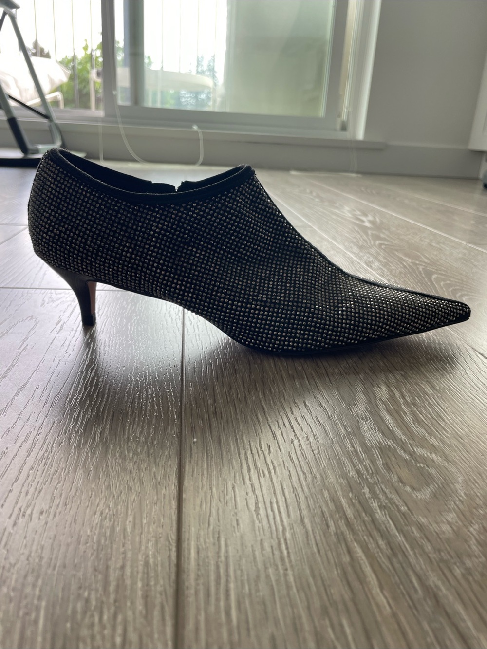 Zara Black Crystal-Embellished Pointed Kitten Heel Bootie